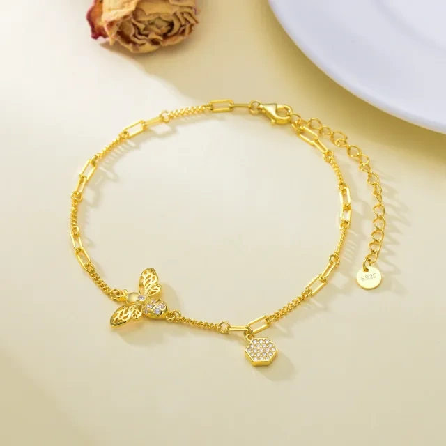 Pulsera colgante de plata de ley con circonitas chapadas en oro amarillo-3