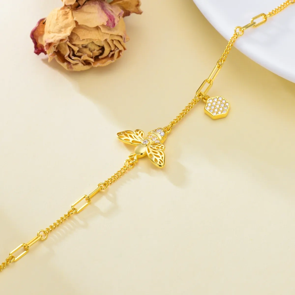 Pulsera colgante de plata de ley con circonitas chapadas en oro amarillo-4