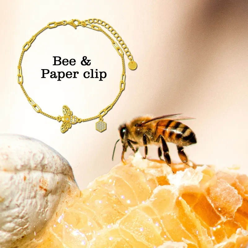 Sterling Silver with Yellow Gold Plated Zircon Bees Charm Bracelet-5
