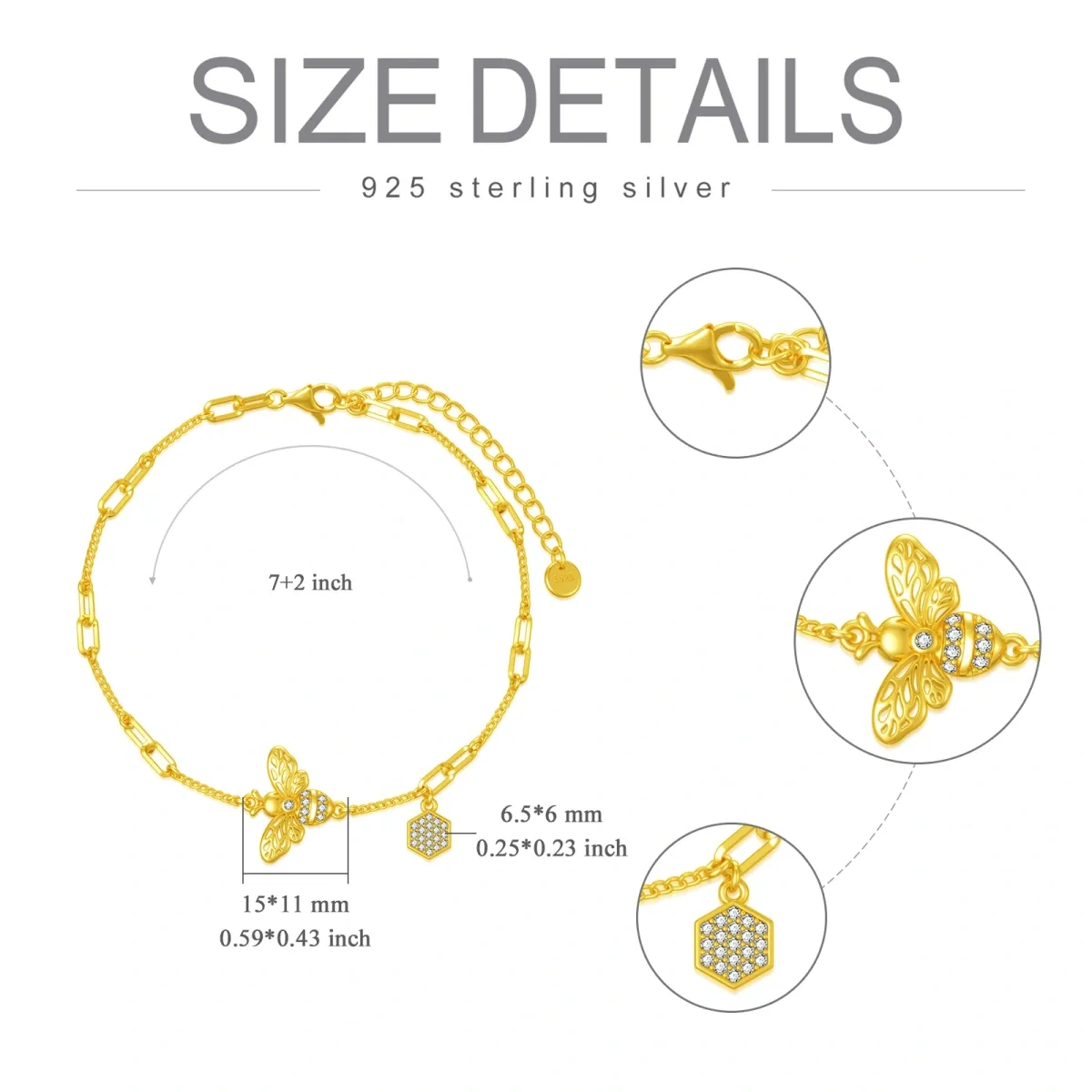 Sterling Silber mit Gelbgold plattiertem Zirkon Bienen Anhänger Armband-6