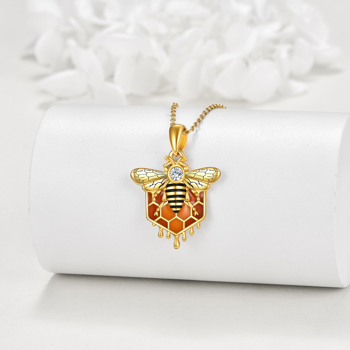 Sterling Silver with Yellow Gold Plated Zircon Bees Pendant Necklace-3