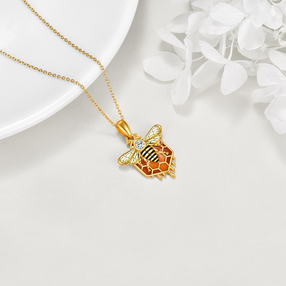 Sterling Silver with Yellow Gold Plated Zircon Bees Pendant Necklace-4