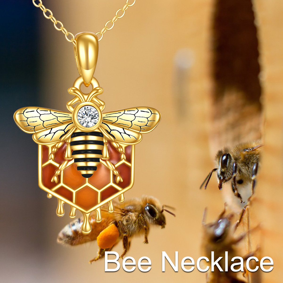 Collier avec pendentif abeilles en argent sterling et zircon plaqué or jaune-6