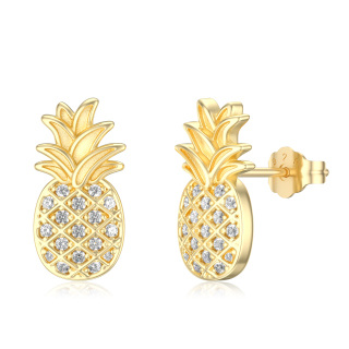 Sterling Silver with Yellow Gold Plated Zircon Pineapple Stud Earrings-2