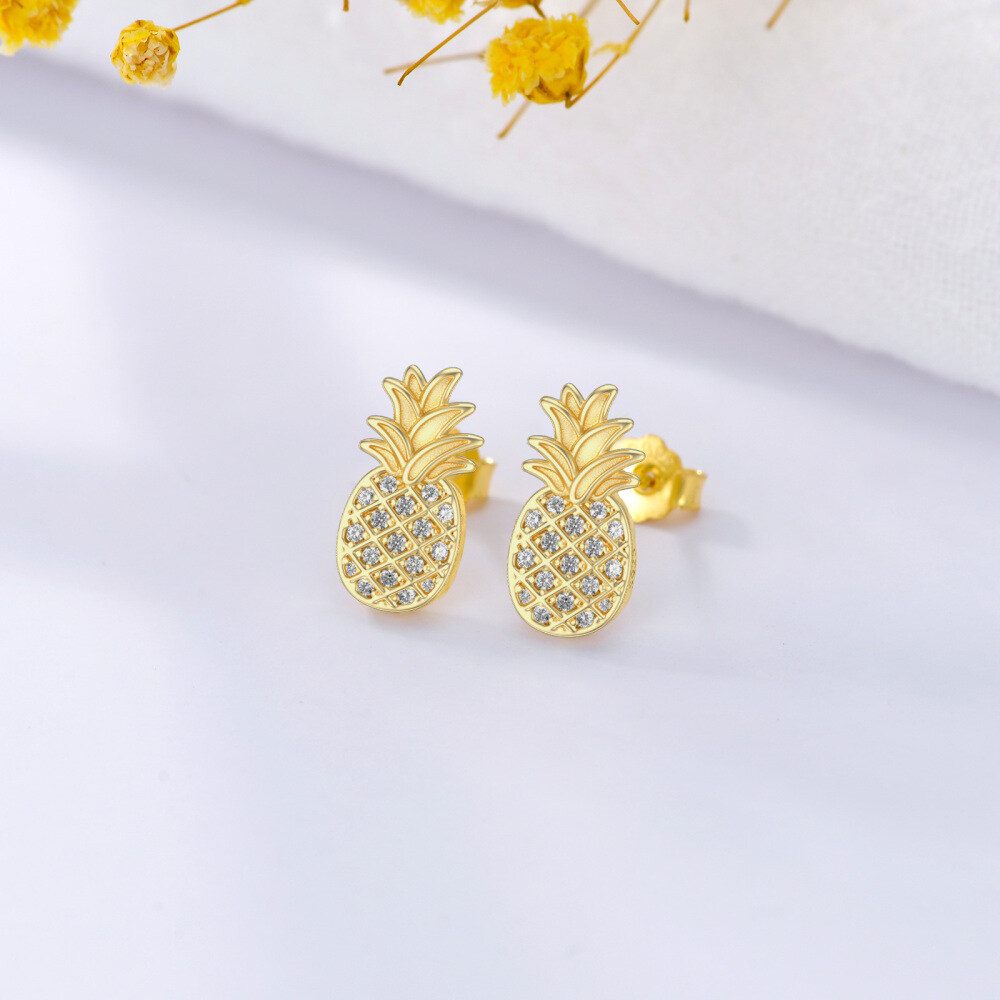 Sterling Silver with Yellow Gold Plated Zircon Pineapple Stud Earrings-3