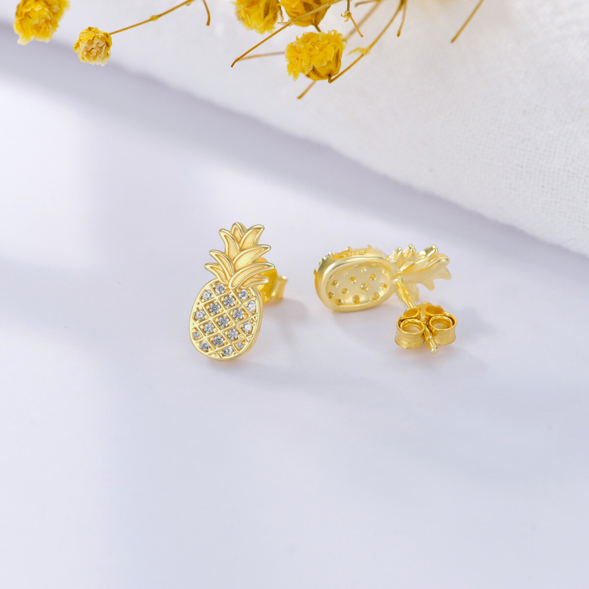 Sterling Silver with Yellow Gold Plated Zircon Pineapple Stud Earrings-4