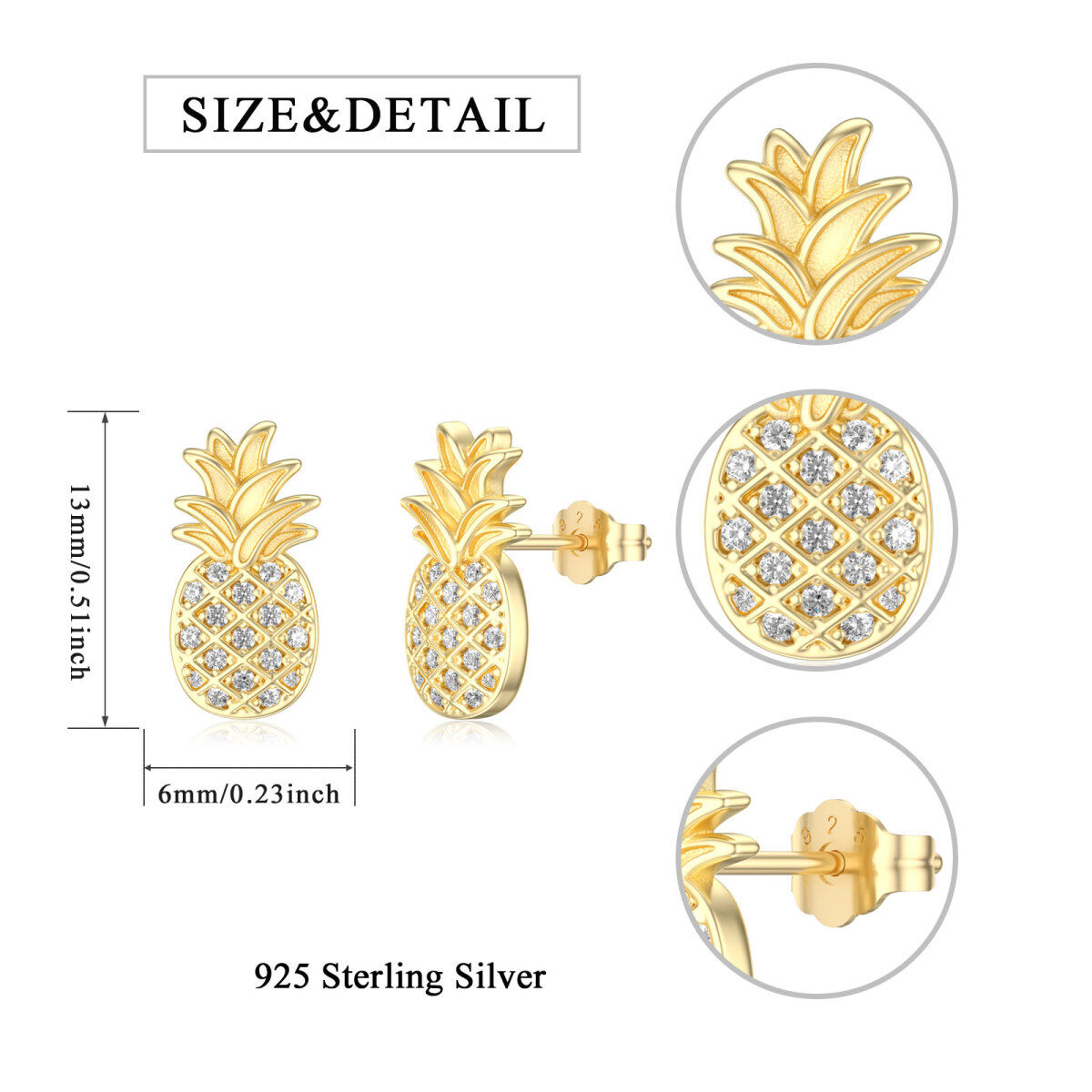 Sterling Silver with Yellow Gold Plated Zircon Pineapple Stud Earrings-5