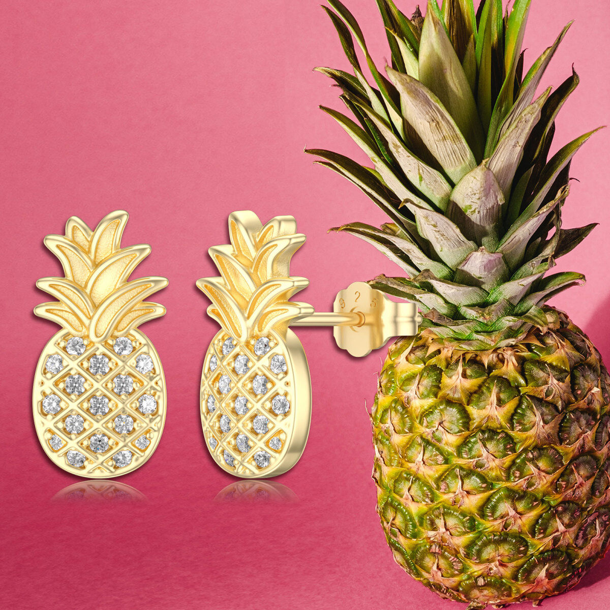 Sterling Silver with Yellow Gold Plated Zircon Pineapple Stud Earrings-6