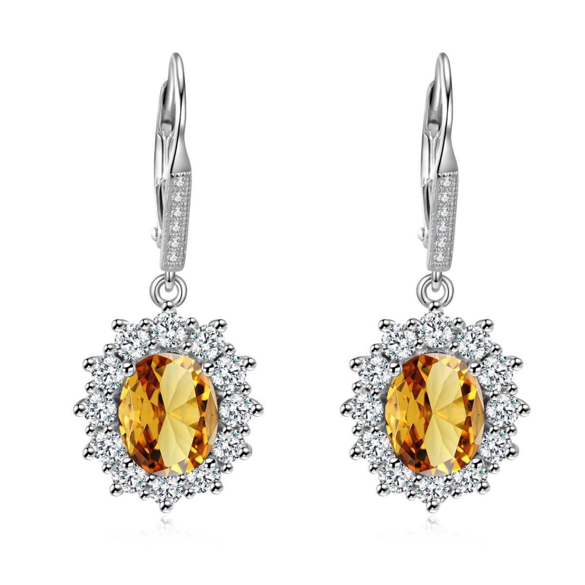 Sterling Silver Yellow Oval Cubic Zirconia Flower Lever-back Earrings for Women-1