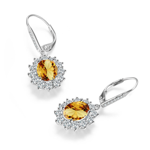 Sterling Silver Yellow Oval Cubic Zirconia Flower Lever-back Earrings for Women-3