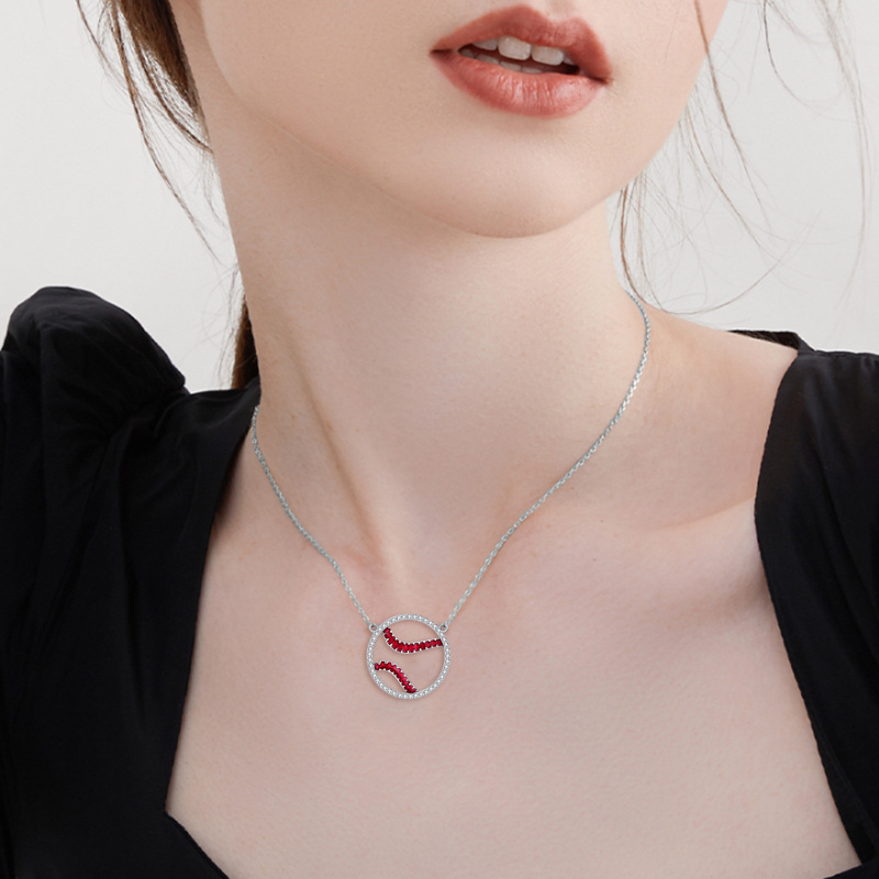 Sterling Silver Zircon Baseball Pendant Necklace-2