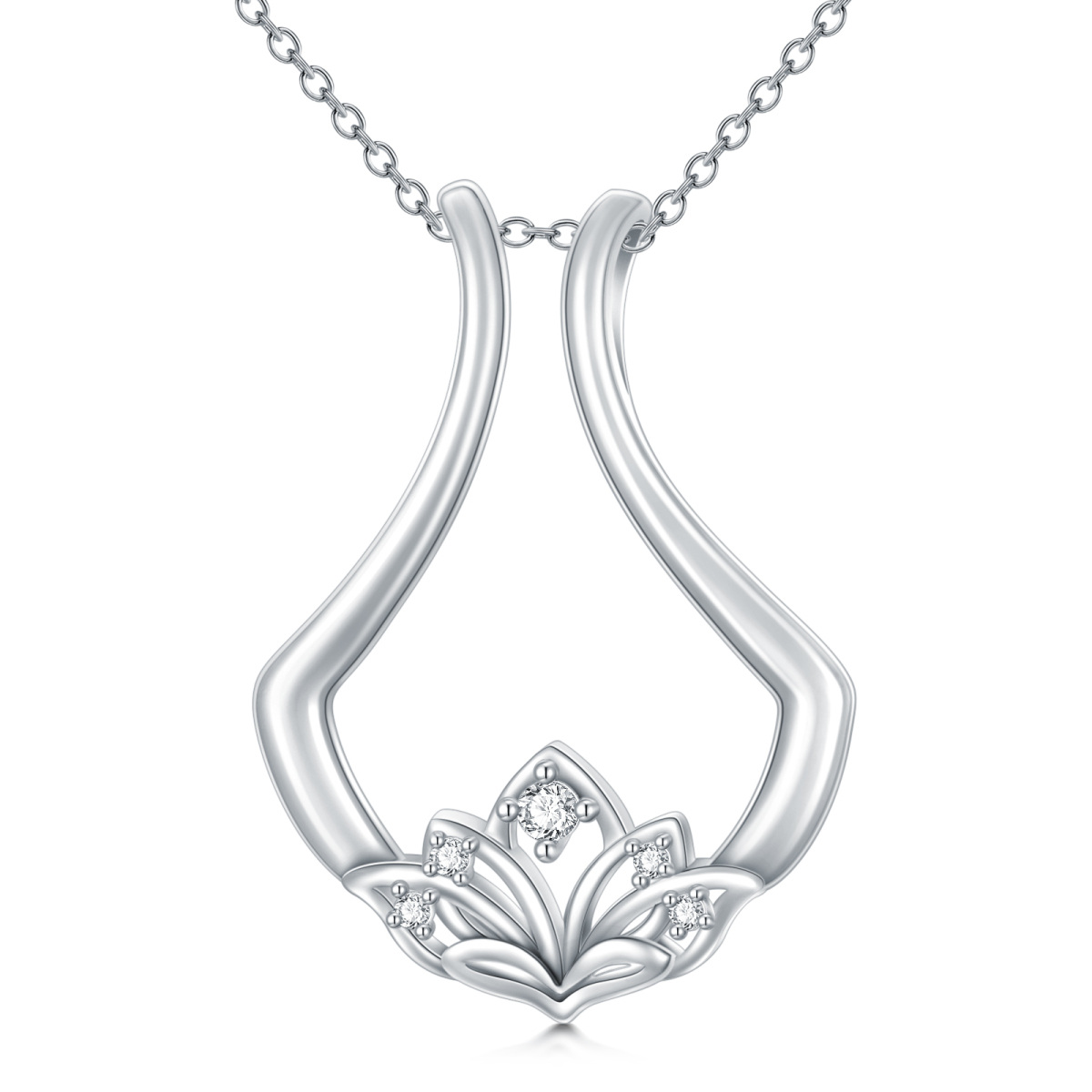 Sterling Silver Zircon Blue Lotus & Ring Holder Pendant Necklace-1