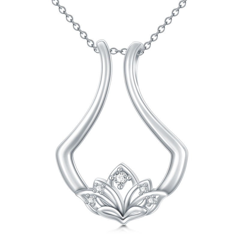 Sterling Silver Zircon Blue Lotus & Ring Holder Pendant Necklace-16