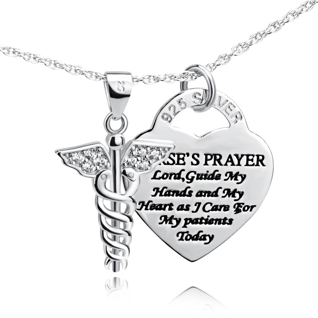 Sterling Silver Zircon Caduceus & Heart Pendant Necklace with Engraved Word-5