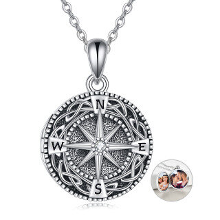 Sterling Silver Zircon Celtic Knot & Compass Personalized Photo Locket Necklace-26