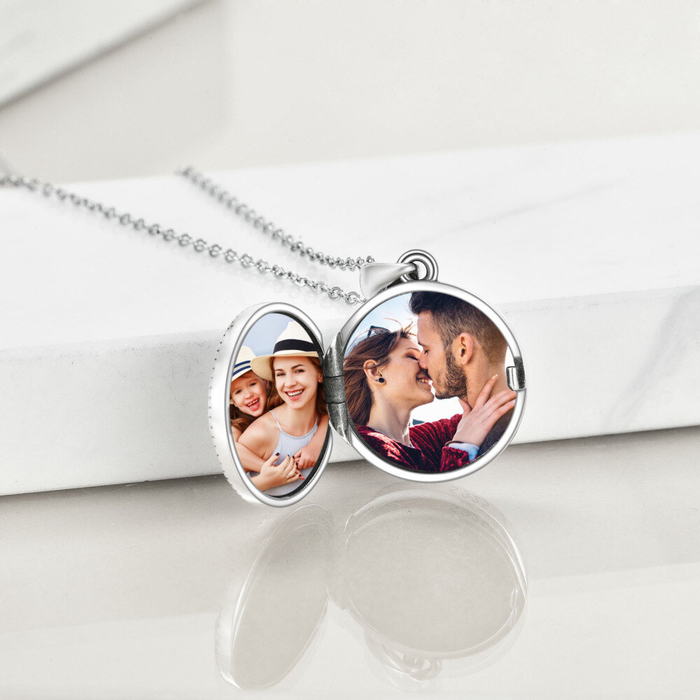 Sterling Silver Zircon Celtic Knot & Compass Personalized Photo Locket Necklace-4