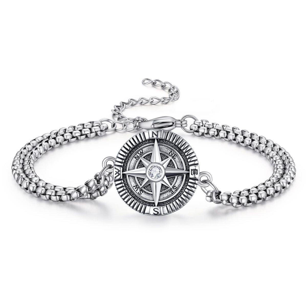 Sterling Silver Zircon Compass Charm Bracelet for Men-1