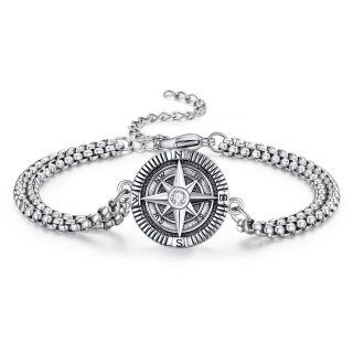 Sterling Silver Zircon Compass Charm Bracelet for Men-17