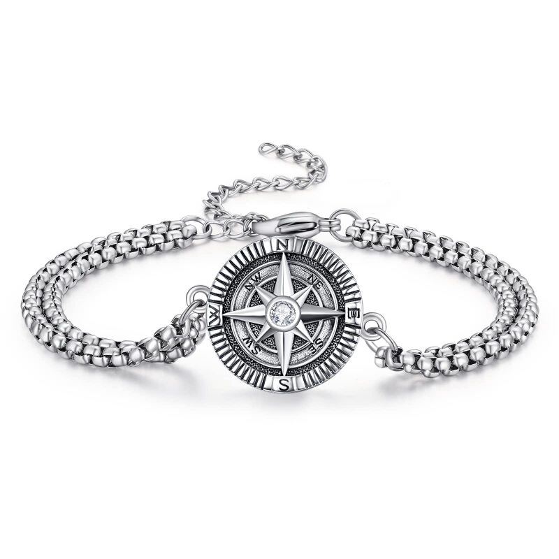 Pulsera de plata de ley con colgante de brújula de circonio para hombre