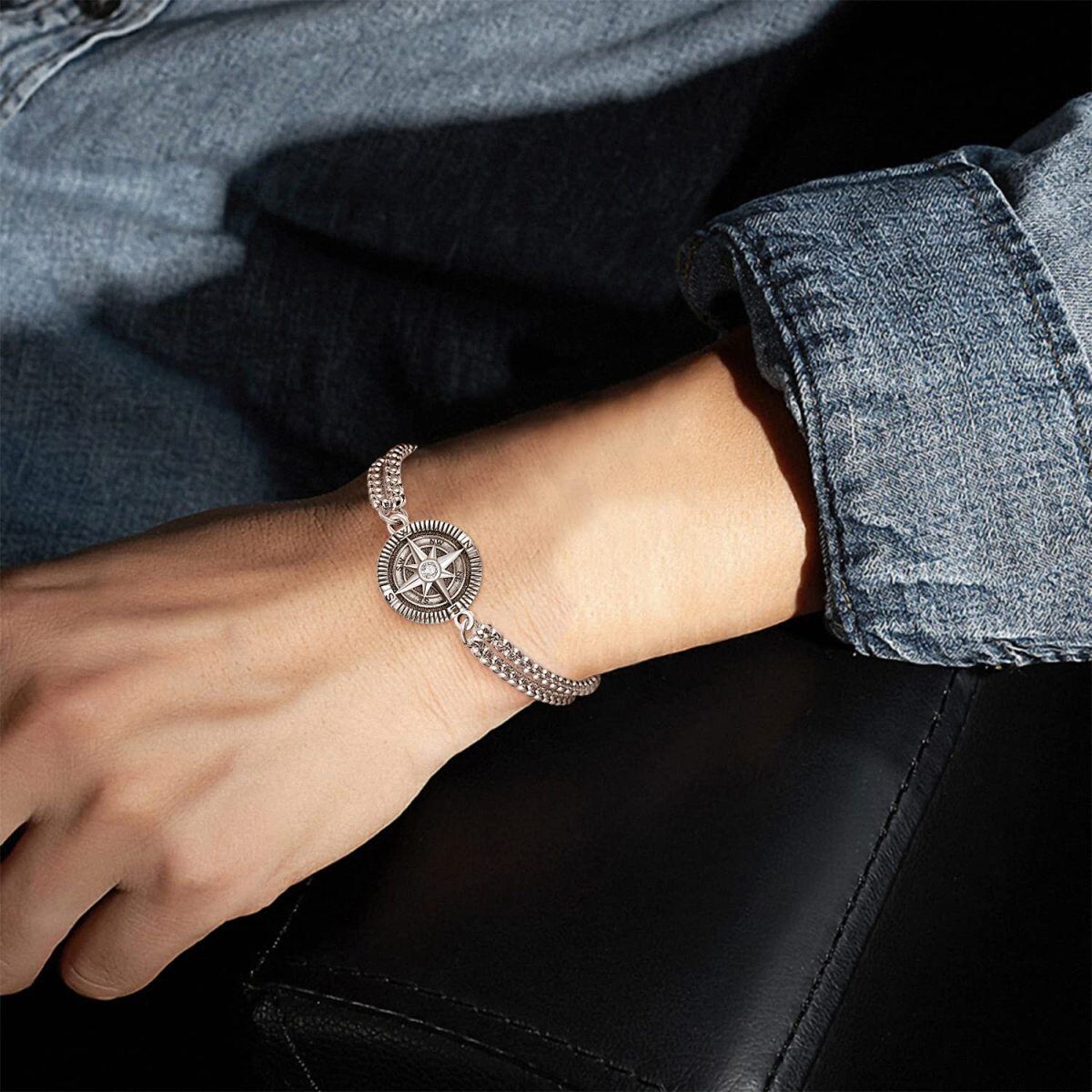 Sterling Silver Zircon Compass Charm Bracelet for Men-3