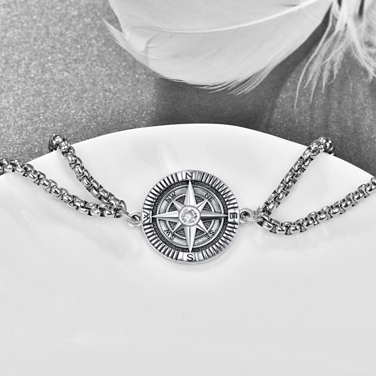 Sterling Silver Zircon Compass Charm Bracelet for Men-4