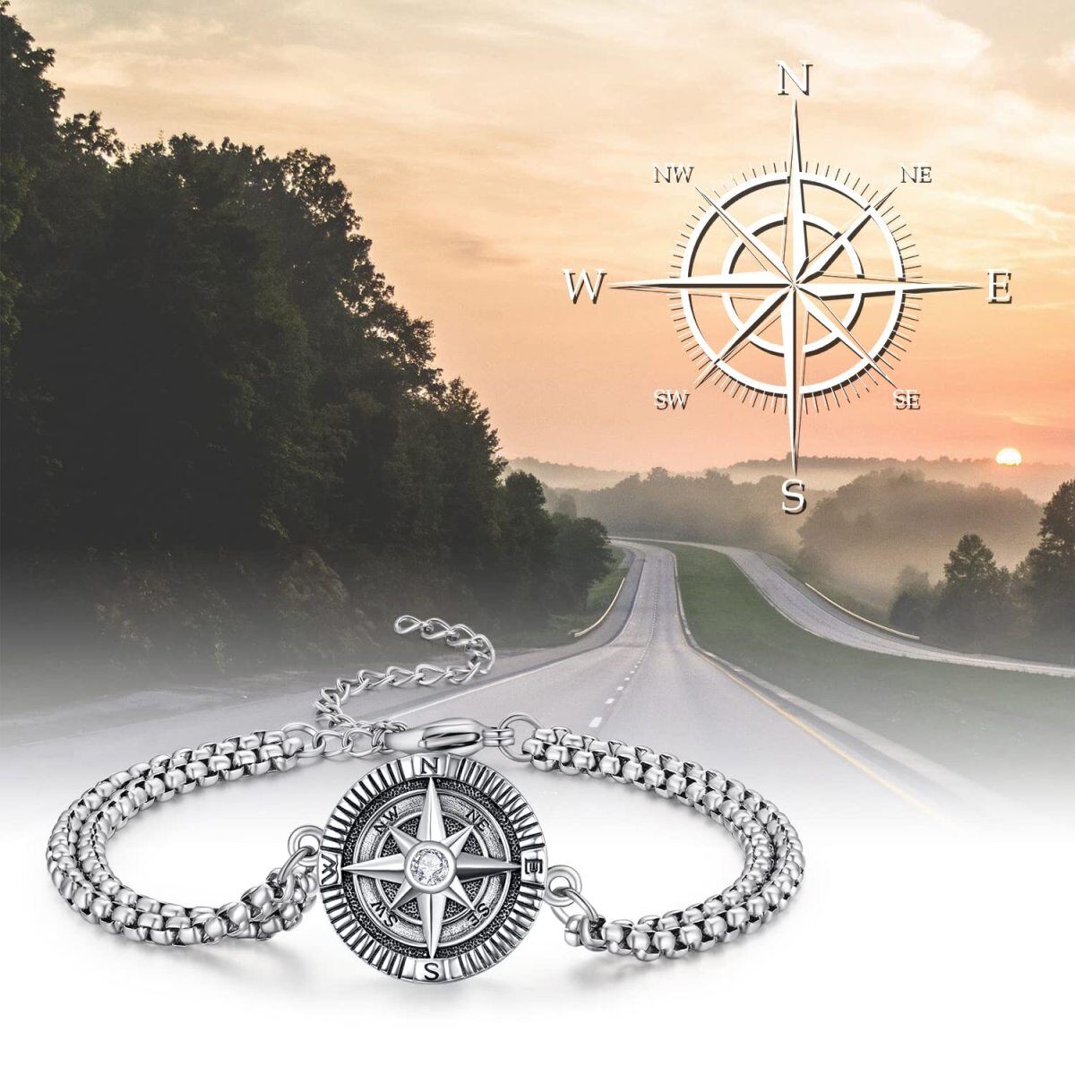 Sterling Silver Zircon Compass Charm Bracelet for Men-5