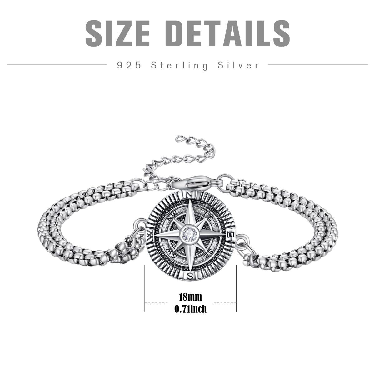 Sterling Silver Zircon Compass Charm Bracelet for Men-6