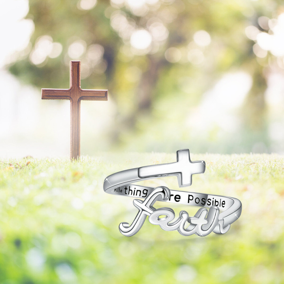 Sterling Silver Zircon Cross Open Ring-7