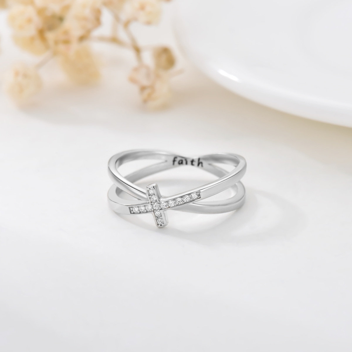 Sterling Silver Zircon Cross Ring-2