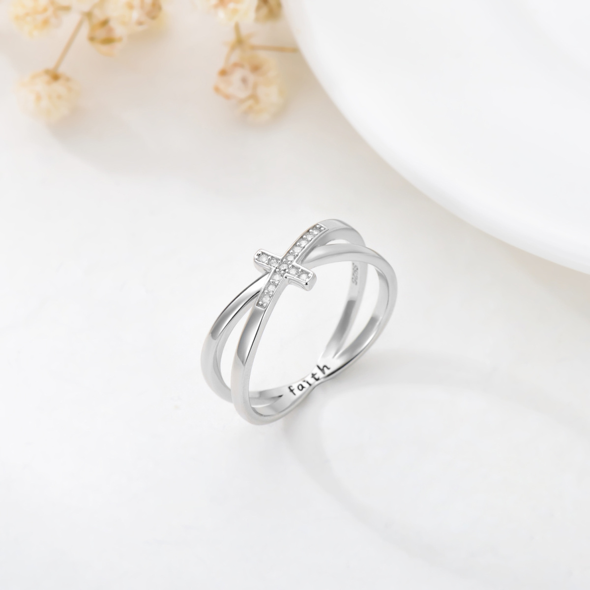 Sterling Silver Zircon Cross Ring-3