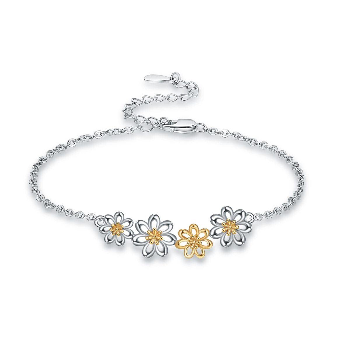 Sterling Silver Zircon Daisy Figaro Link Chain Bracelet-1