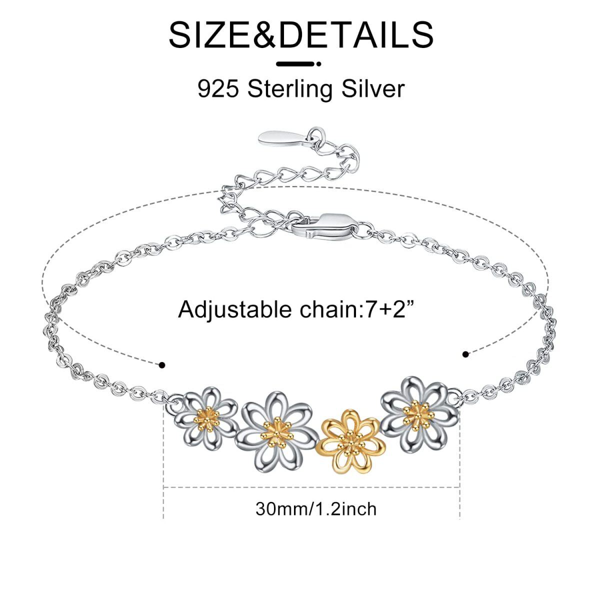 Sterling Silver Zircon Daisy Figaro Link Chain Bracelet-6