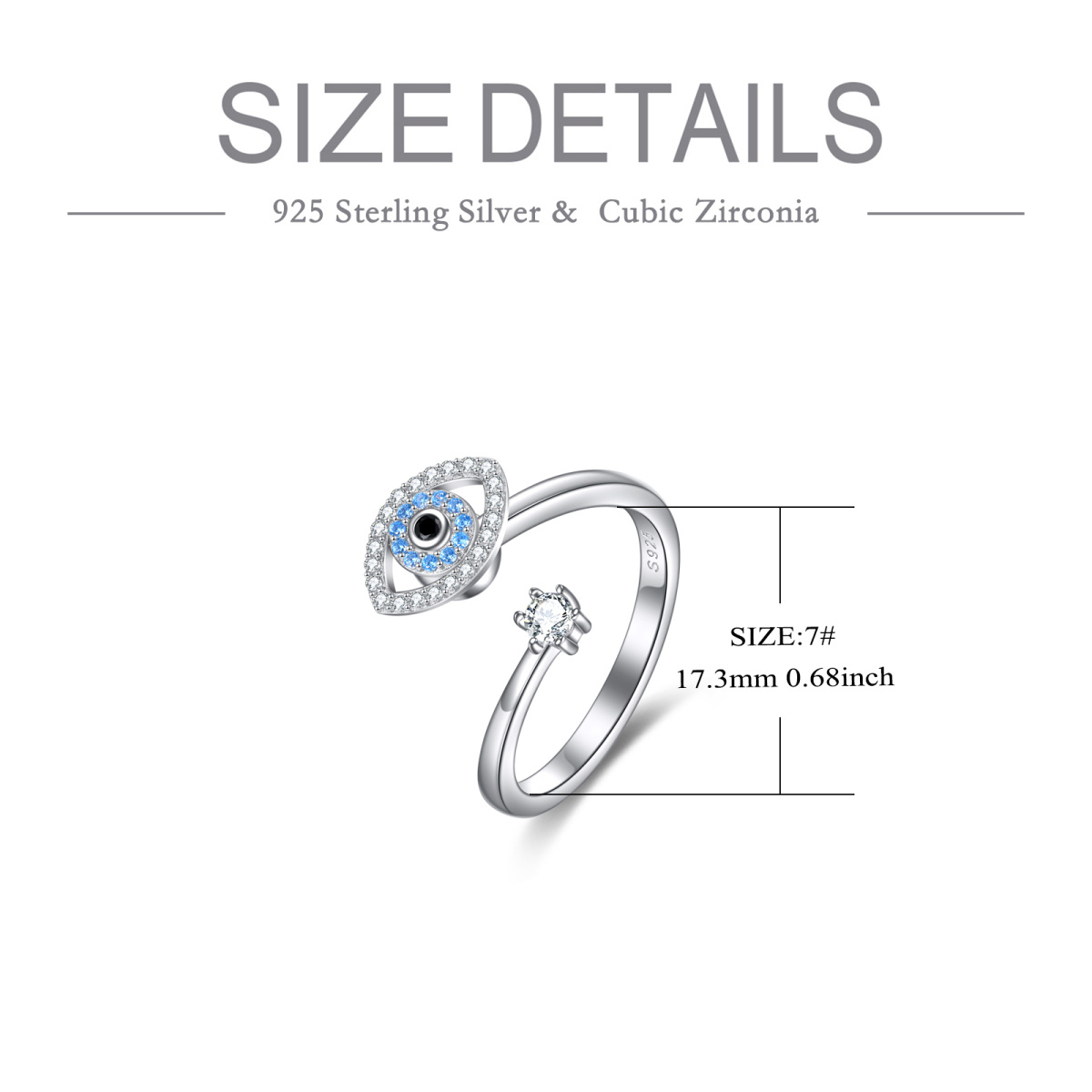 Sterling Silver Zircon Devil's Eye Open Ring-5