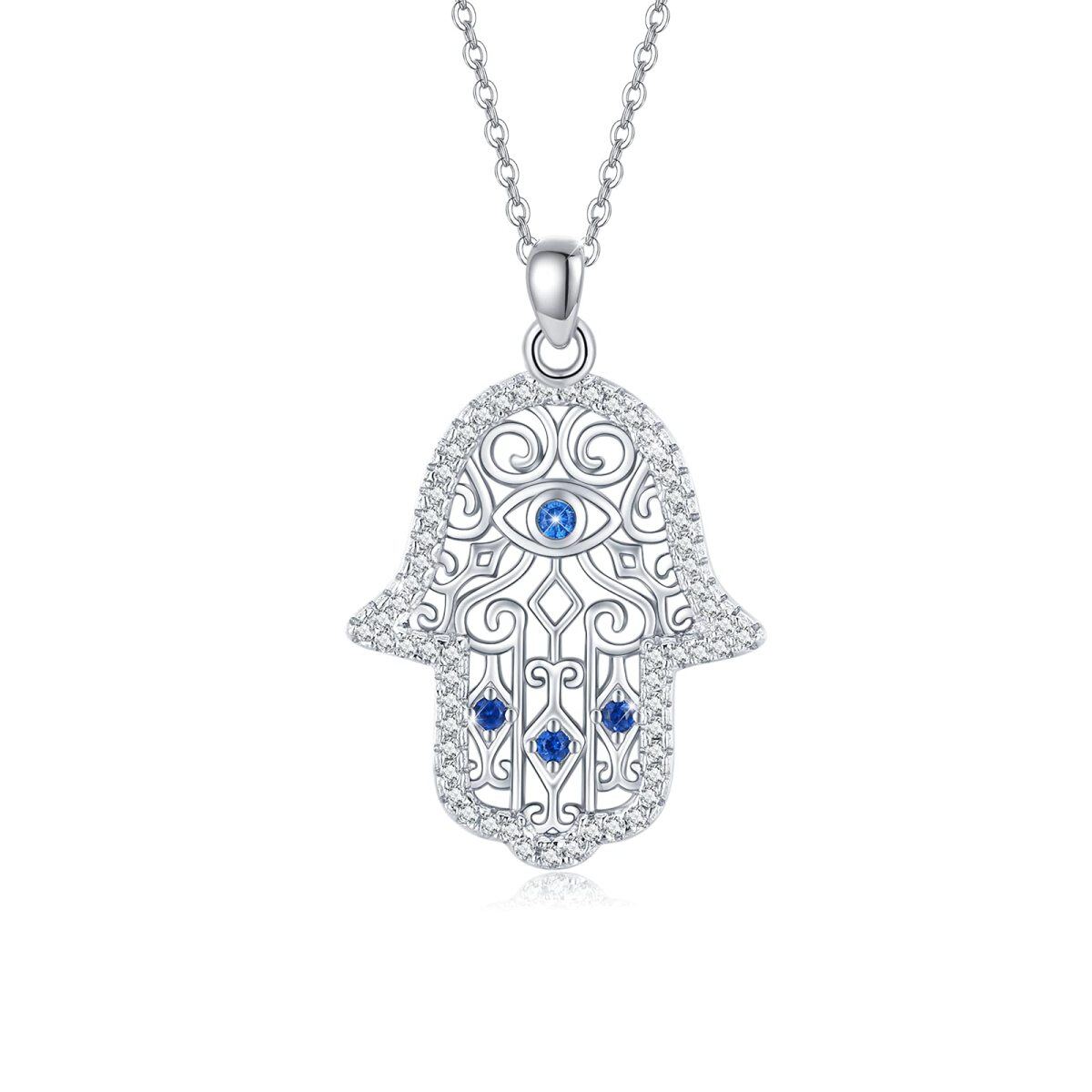 Sterling Silver Zircon Evil Eye & Hamsa Hand Pendant Necklace-1