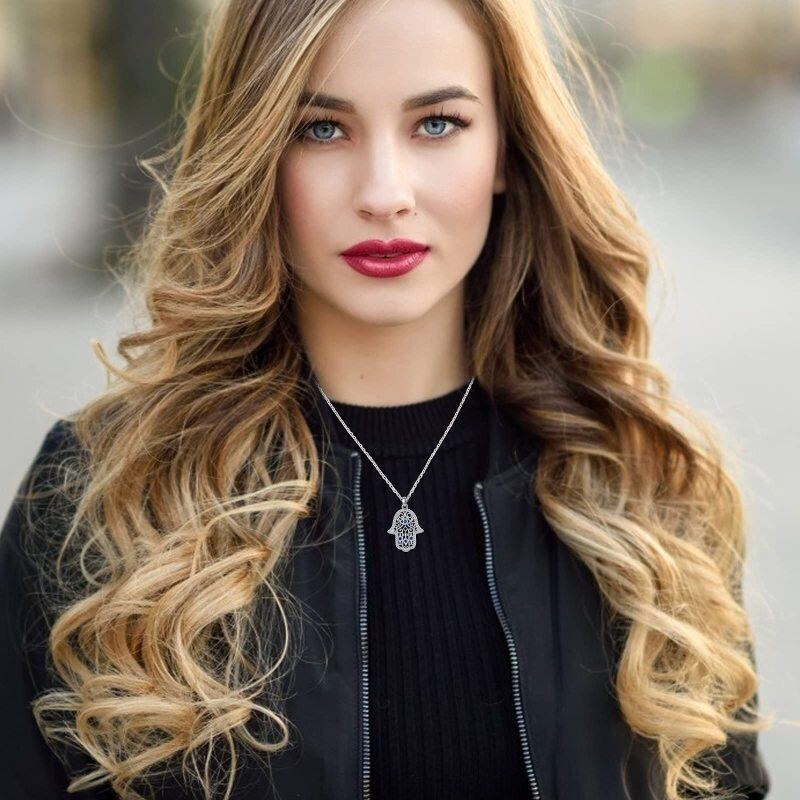 Colar com pingente de mão Hamsa de mau olhado de prata esterlina com zircônia-2