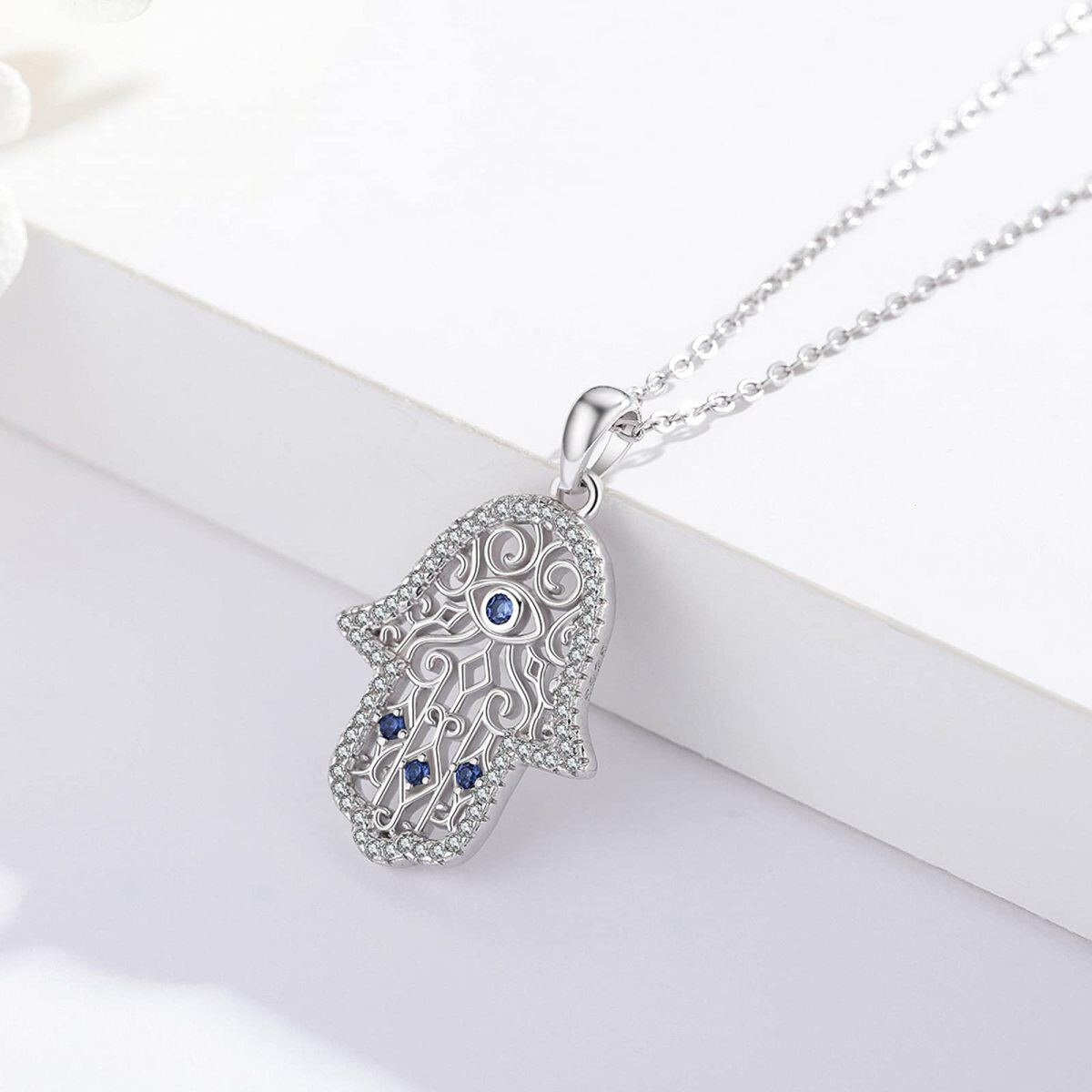 Sterling Silver Zircon Evil Eye & Hamsa Hand Pendant Necklace-3