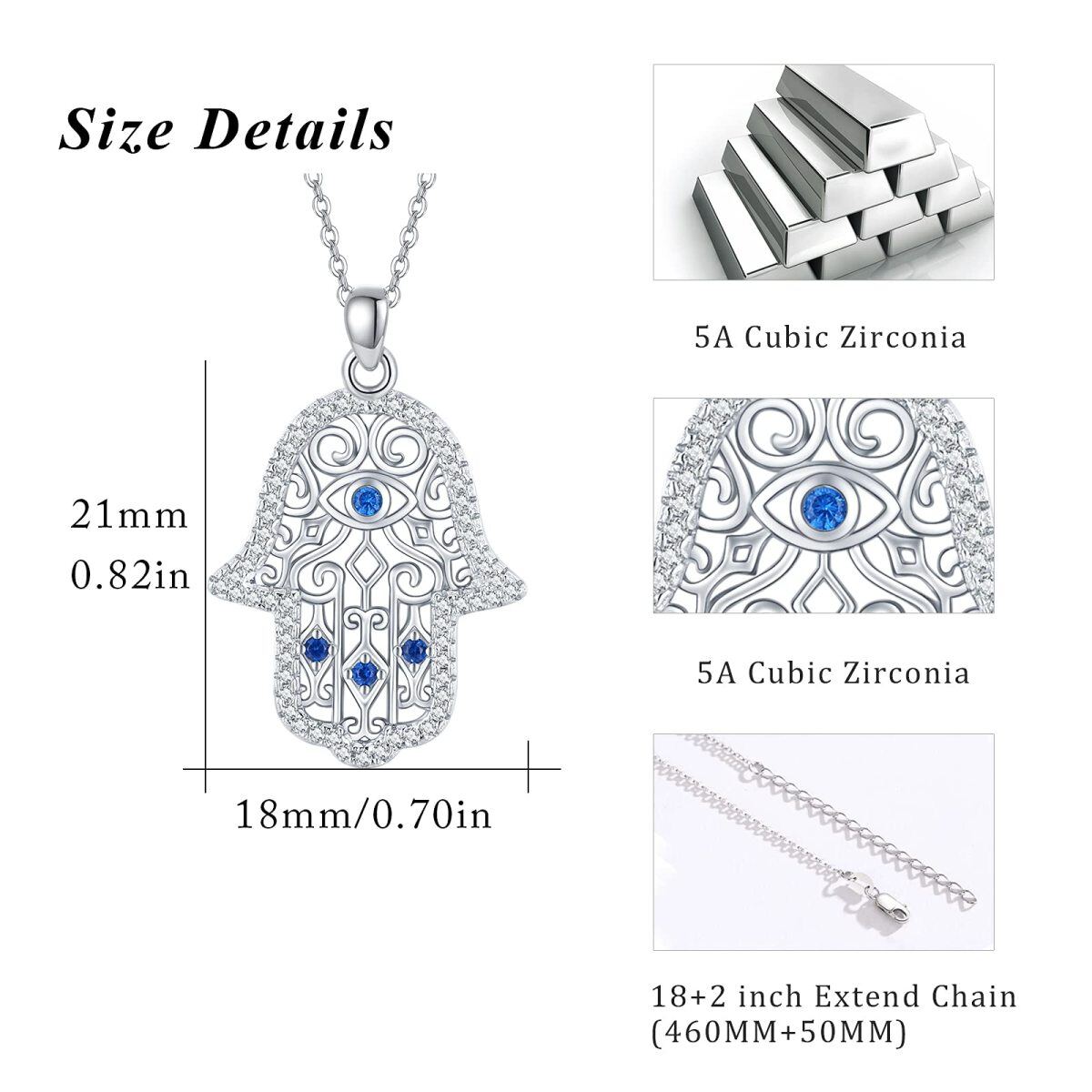 Collier pendentif main Hamsa en argent sterling et Zircon mauvais œil-4