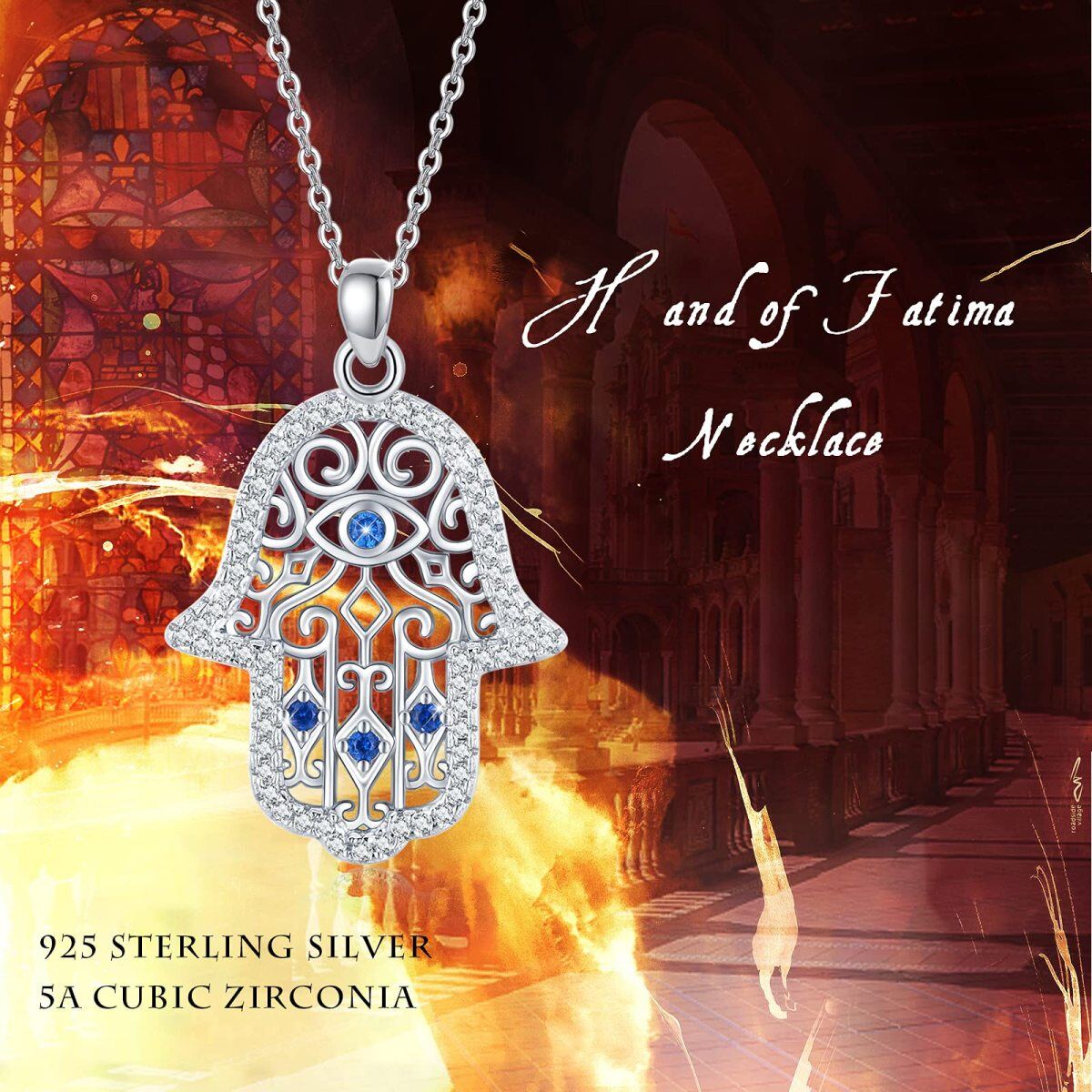 Collier pendentif main Hamsa en argent sterling et Zircon mauvais œil-5