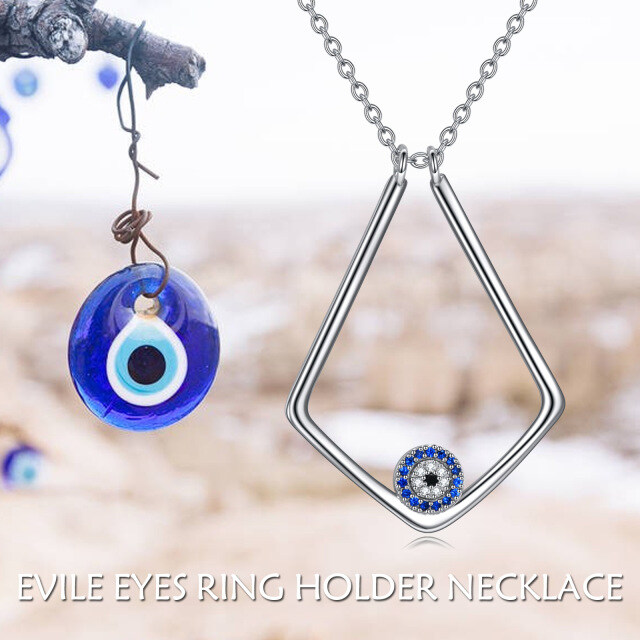 Sterling Silver Zircon Evil Eye & Ring Holder Pendant Necklace-5