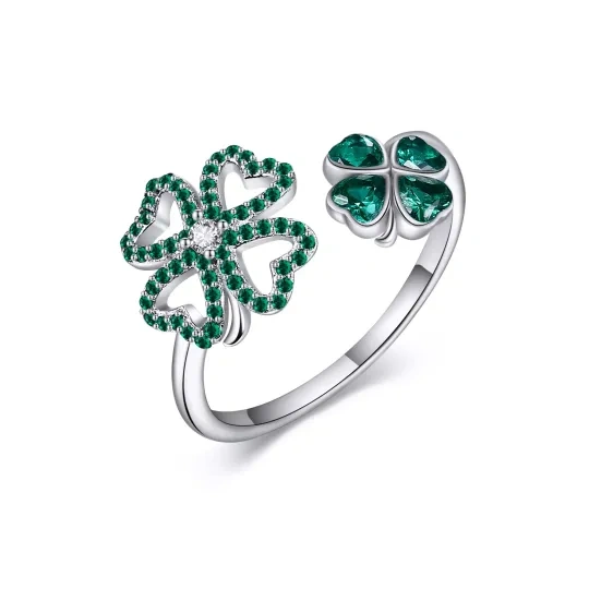 Sterling Silver Zircon Four-leaf Clover Open Ring