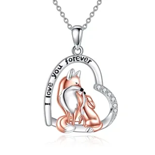 Sterling Silver Zircon Fox & Heart Pendant Necklace with Engraved Word-4