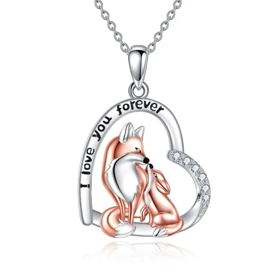 Sterling Silver Zircon Fox & Heart Pendant Necklace with Engraved Word