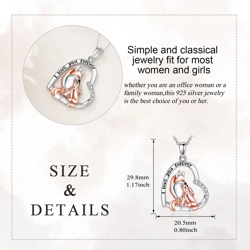 Colar com pingente de coração de raposa de zircônia em prata esterlina com palavra gravada-5