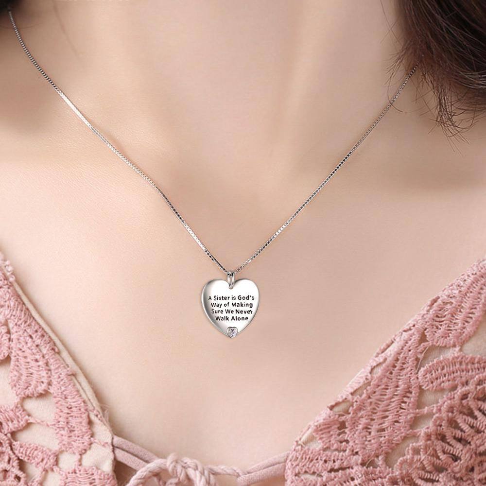 Sterling Silver Zircon Heart Pendant Necklace with Engraved Word-2