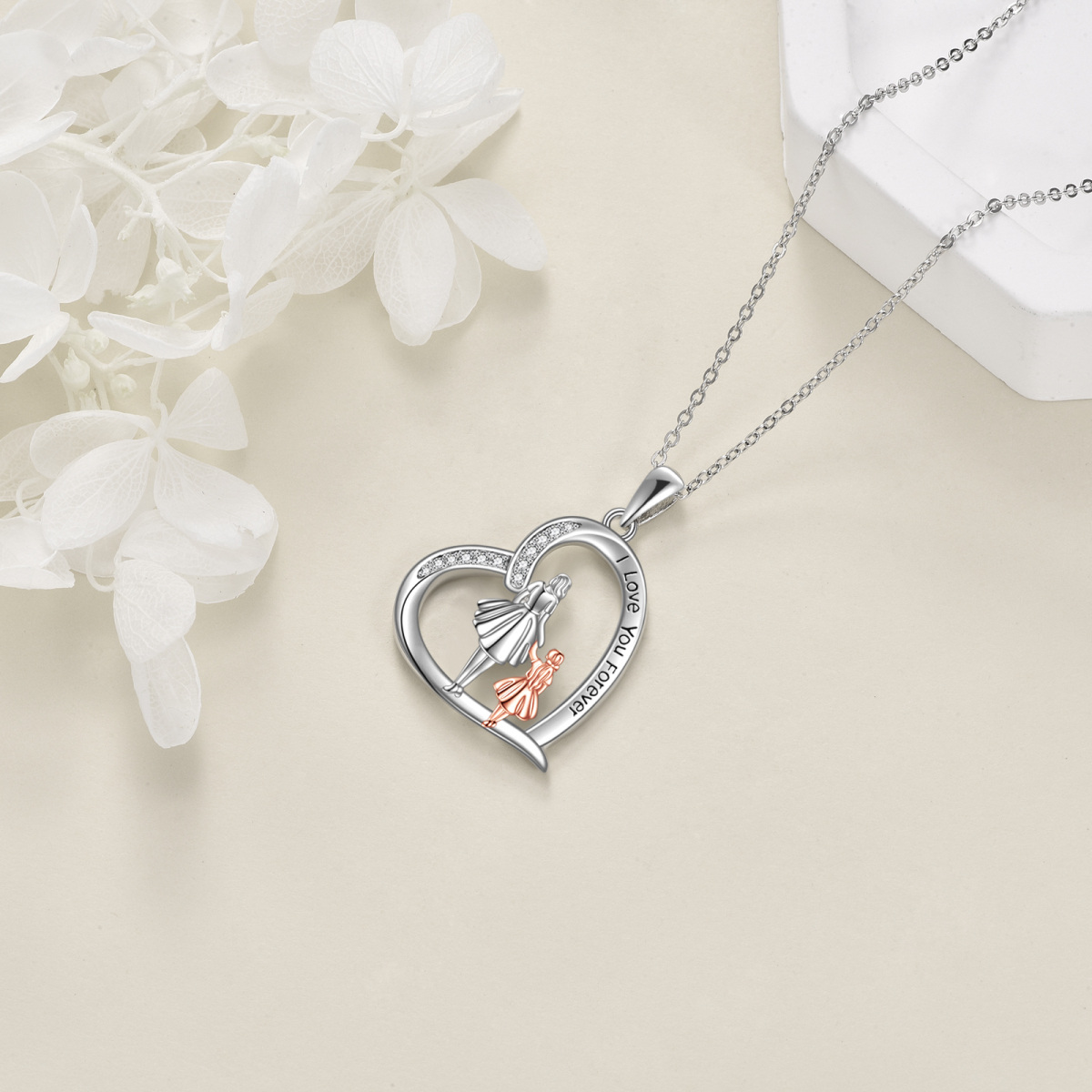 Sterling Silver Zircon Heart Pendant Necklace with Engraved Word-3