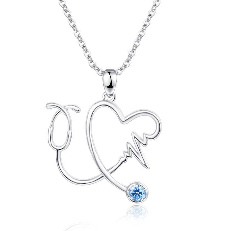 Collana con ciondolo a cuore e stetoscopio in argento sterling con zircone-1