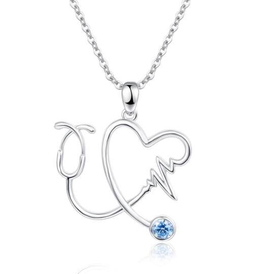 Sterling Silver Zircon Heart & Stethoscope Pendant Necklace