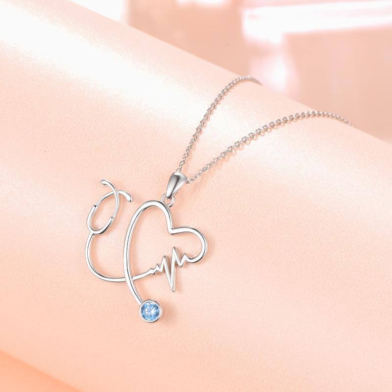 Sterling Silver Zircon Heart & Stethoscope Pendant Necklace-3