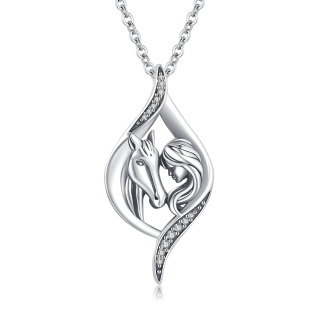 Sterling Silver Zircon Horse & Girl Drop Shaped Pendant Necklace-17