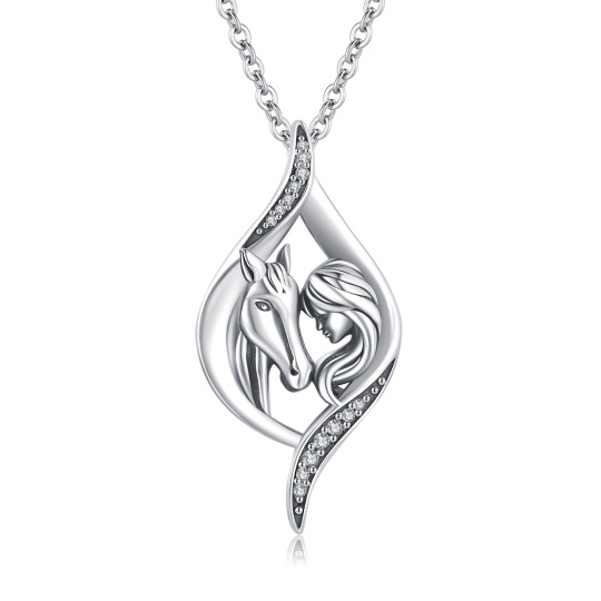 Sterling Silver Zircon Horse & Girl Drop Shaped Pendant Necklace